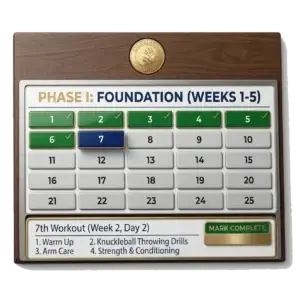 A plaque sits on a white background showing Knuckleball Nation's International Knuckleball Academy's 18-week Program complete with daily workouts and a mark complete button.